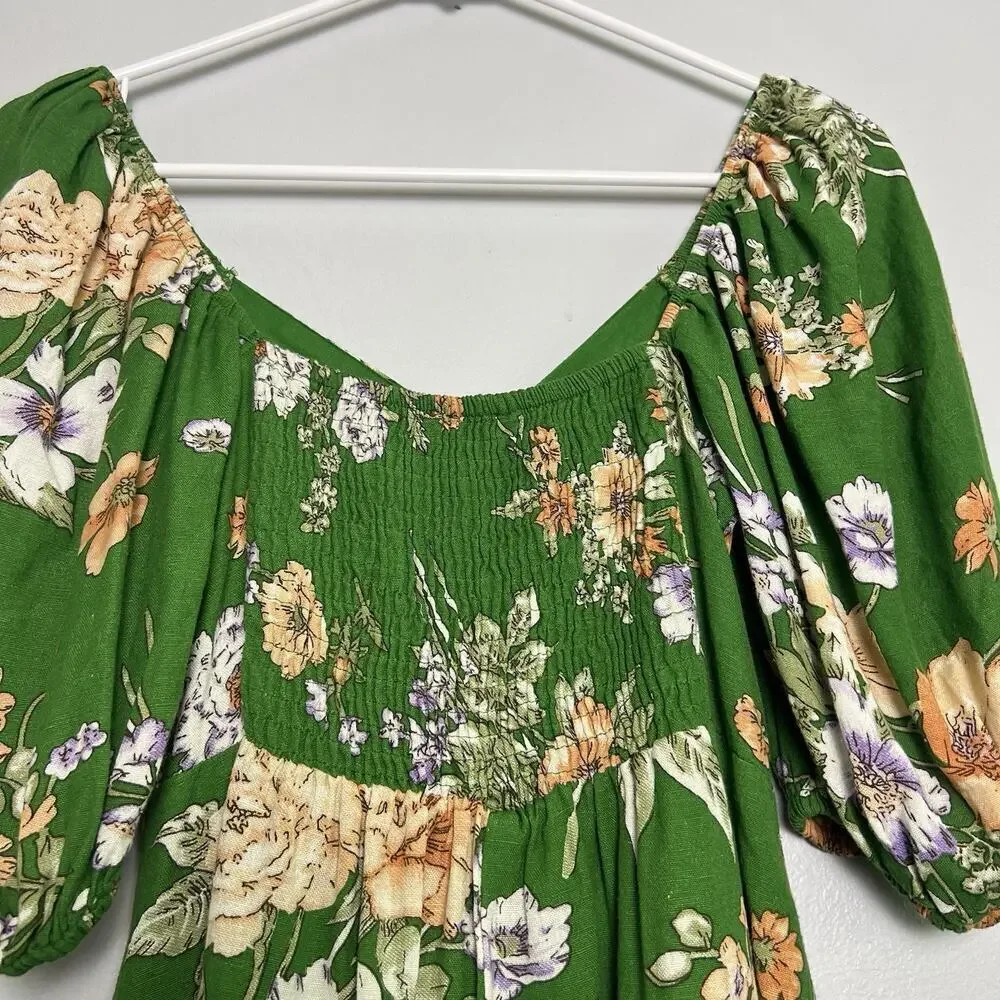 NWT Sim & Sam Dress Linen Blend Floral Sz S Ruffled Babydoll Vacation Green Boho